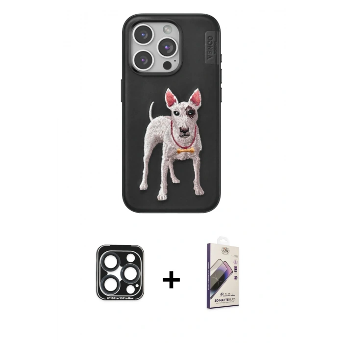 MARSİLYAN™- iPhone 15 Pro Max Kılıf Nova Form Koleksiyonu - Siyah Bilvis 3D Mat Cam Ekran Koruyucu + PVD Metal Kamera Lens - LT