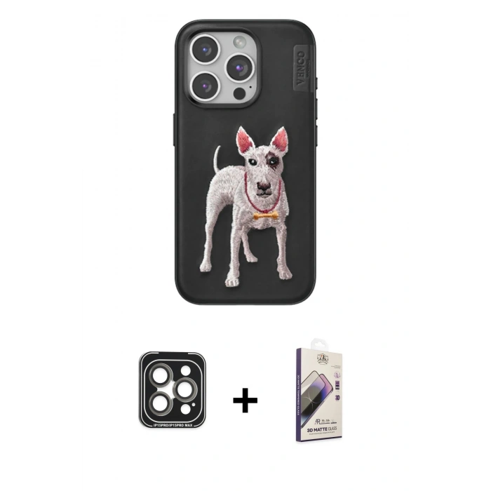 MARSİLYAN™- iPhone 15 Pro Max Kılıf Nova Form Koleksiyonu - Siyah Bilvis 3D Mat Cam Ekran Koruyucu + PVD Metal Kamera Lens - GI
