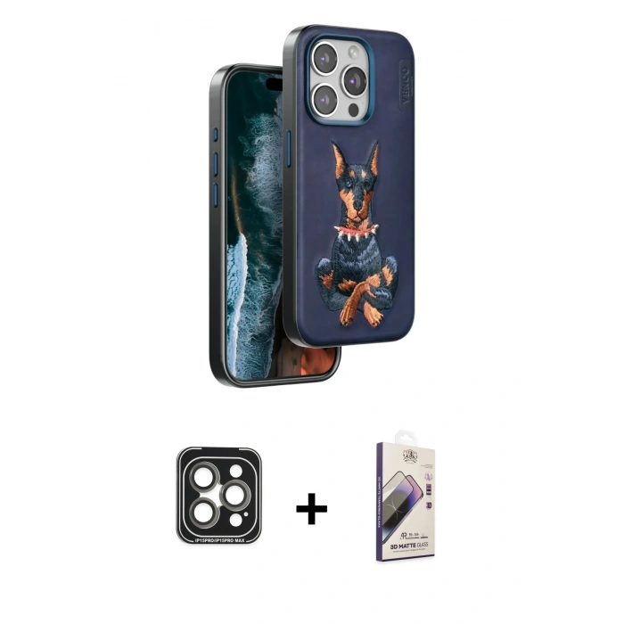 MARSİLYAN™- iPhone 15 Pro Max Kılıf Nova Form Koleksiyonu - Siyah Bilvis 3D Mat Cam Ekran Koruyucu + PVD Metal Kamera Lens - GI