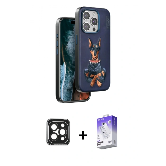 MARSİLYAN™- iPhone 15 Pro Max Kılıf Nova Form Koleksiyonu - Siyah Bilvis 5in1 3D Magic Cam Ekran Koruyucu + PVD Metal Kamera Lens - SH