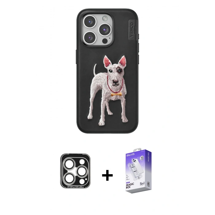 MARSİLYAN™- iPhone 15 Pro Max Kılıf Nova Form Koleksiyonu - Siyah Bilvis 5in1 3D Magic Cam Ekran Koruyucu + PVD Metal Kamera Lens - GS