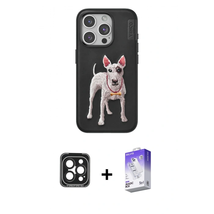 MARSİLYAN™- iPhone 15 Pro Max Kılıf Nova Form Koleksiyonu - Siyah Bilvis 5in1 3D Magic Cam Ekran Koruyucu + PVD Metal Kamera Lens - SH