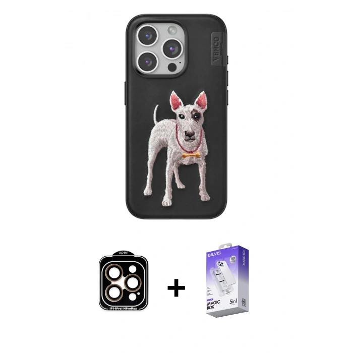 MARSİLYAN™- iPhone 15 Pro Max Kılıf Nova Form Koleksiyonu - Siyah Bilvis 5in1 3D Magic Cam Ekran Koruyucu + PVD Metal Kamera Lens - TU