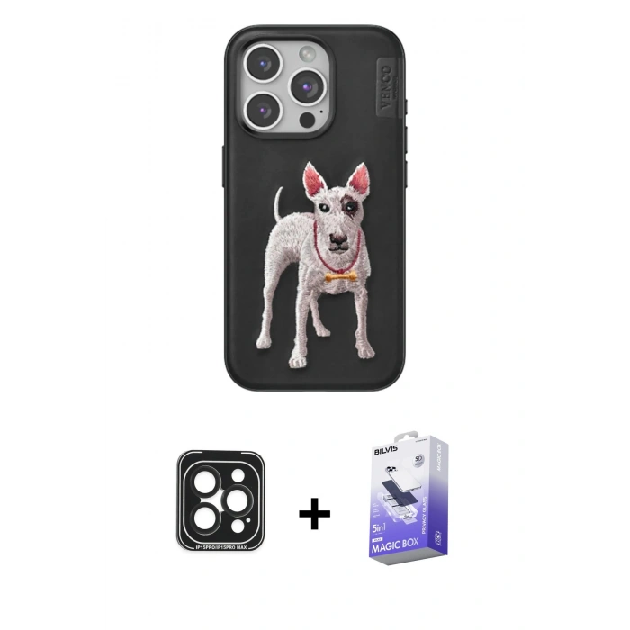MARSİLYAN™- iPhone 15 Pro Max Kılıf Nova Form Koleksiyonu - Siyah Bilvis 5in1 5D Magic Hayalet Cam Ekran Koruyucu + PVD Metal Kamera Lens - SH