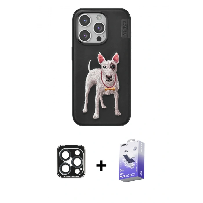 MARSİLYAN™- iPhone 15 Pro Max Kılıf Nova Form Koleksiyonu - Siyah Bilvis 5in1 5D Magic Hayalet Cam Ekran Koruyucu + PVD Metal Kamera Lens - LT