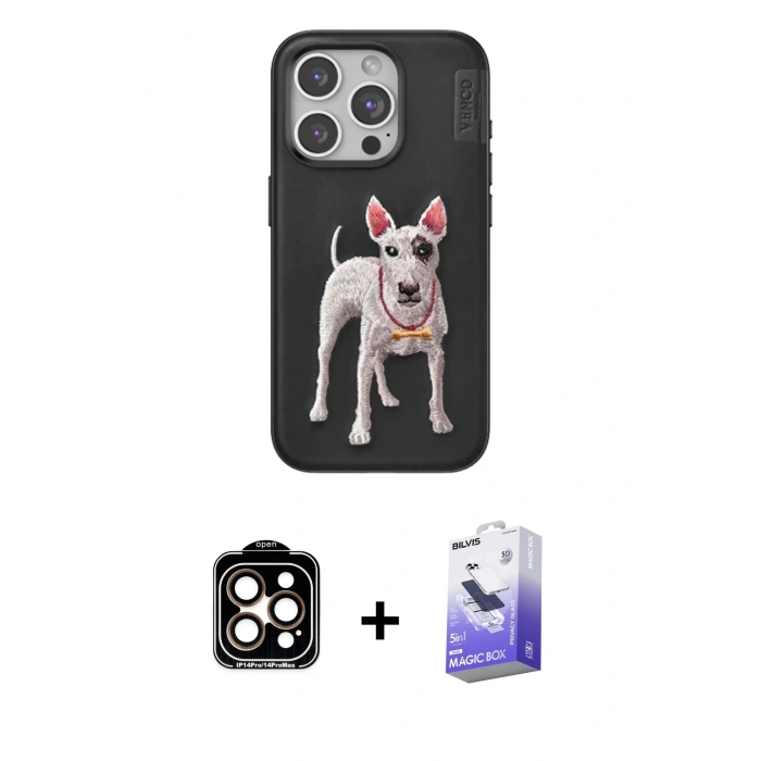 MARSİLYAN™- iPhone 15 Pro Max Kılıf Nova Form Koleksiyonu - Siyah Bilvis 5in1 5D Magic Hayalet Cam Ekran Koruyucu + PVD Metal Kamera Lens - TU