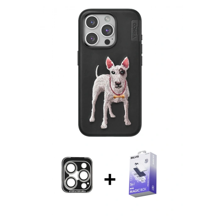 MARSİLYAN™- iPhone 15 Pro Max Kılıf Nova Form Koleksiyonu - Siyah Bilvis 5in1 5D Magic Hayalet Cam Ekran Koruyucu + PVD Metal Kamera Lens - GS