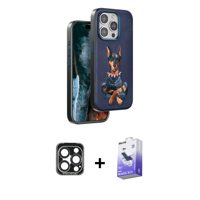 MARSİLYAN™- iPhone 15 Pro Max Kılıf Nova Form Koleksiyonu - Siyah Bilvis 5in1 5D Magic Hayalet Cam Ekran Koruyucu + PVD Metal Kamera Lens - LT