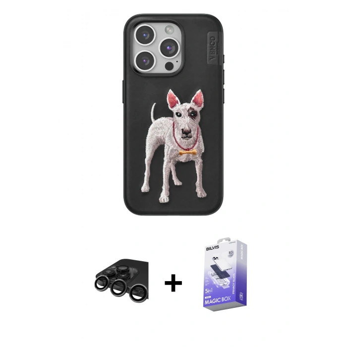 MARSİLYAN™- iPhone 15 Pro Max Kılıf Nova Form Koleksiyonu - Siyah Bilvis 5in1 5D Magic Hayalet Cam Ekran Koruyucu + Raze Metal Kamera Lens - TMGI