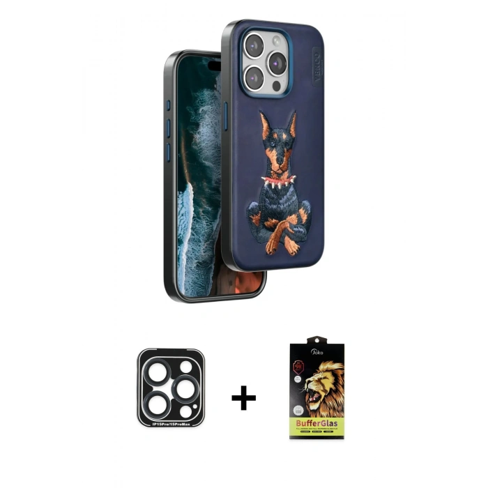MARSİLYAN™- iPhone 15 Pro Max Kılıf Nova Form Koleksiyonu - Siyah Buffer Cam Ekran Koruyucu + Lacivert PVD Metal Kamera Lens