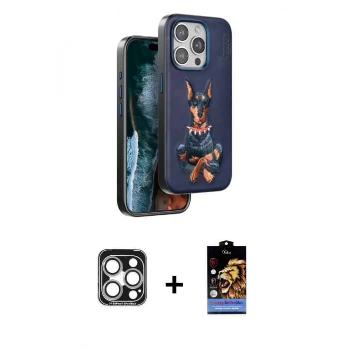 MARSİLYAN™- iPhone 15 Pro Max Kılıf Nova Form Koleksiyonu - Siyah Buffer Hayalet Cam Ekran Koruyucu + PVD Metal Kamera Lens - GS