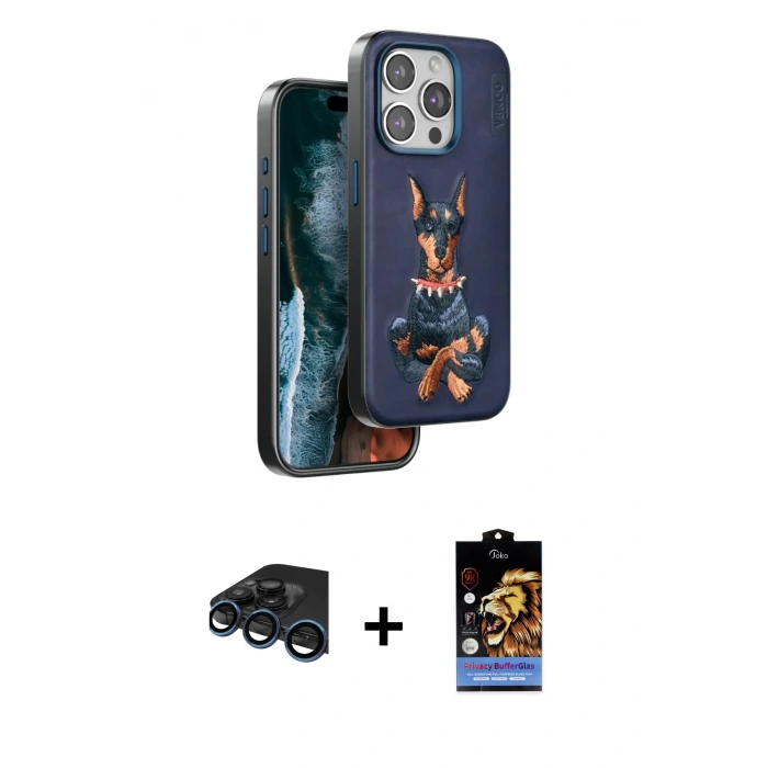 MARSİLYAN™- iPhone 15 Pro Max Kılıf Nova Form Koleksiyonu - Siyah Buffer Hayalet Cam Ekran Koruyucu + Lacivert Raze Metal Kamera Lens