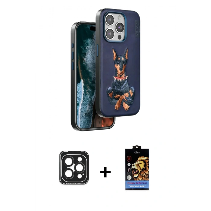 MARSİLYAN™- iPhone 15 Pro Max Kılıf Nova Form Koleksiyonu - Siyah Buffer Hayalet Cam Ekran Koruyucu + PVD Metal Kamera Lens - SH