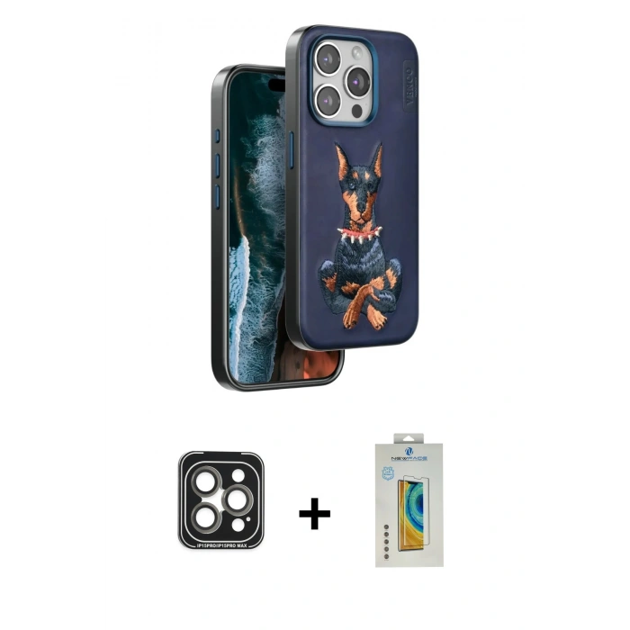 MARSİLYAN™- iPhone 15 Pro Max Kılıf Nova Form Koleksiyonu - Siyah Polymer Nano Ekran Koruyucu + Gri PVD Metal Kamera Lens