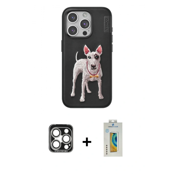 MARSİLYAN™- iPhone 15 Pro Max Kılıf Nova Form Koleksiyonu - Siyah Polymer Nano Ekran Koruyucu + PVD Metal Kamera Lens - GS
