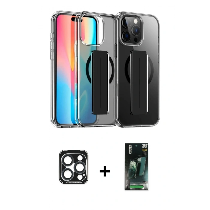MARSİLYAN™- iPhone 15 Pro Max Kılıf Nova Işık Koleksiyonu - Şeffaf 360 Full Body Arka Koruyucu + Lacivert PVD Metal Kamera Lens