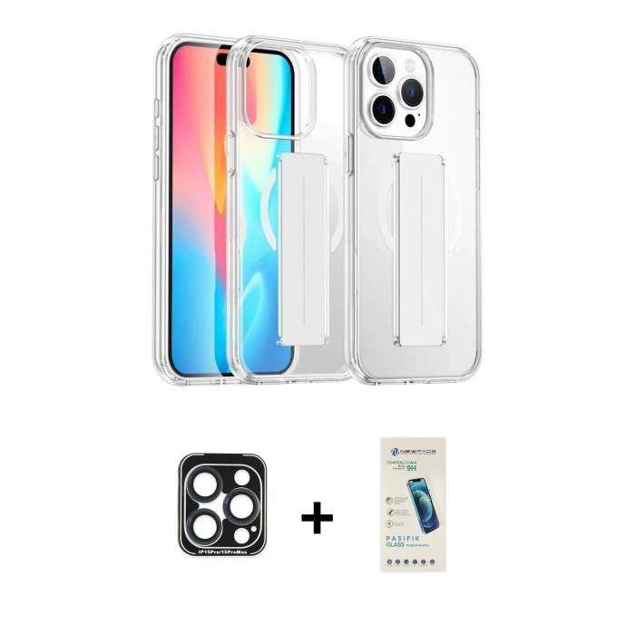 MARSİLYAN™- iPhone 15 Pro Max Kılıf Nova Işık Koleksiyonu - Şeffaf Pasifik Cam Ekran Koruyucu + PVD Metal Kamera Lens - LT