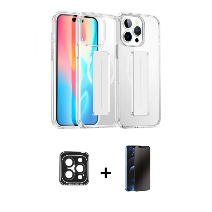MARSİLYAN™- iPhone 15 Pro Max Kılıf Nova Işık Koleksiyonu - Siyah 3D Antistatik Hayalet Cam Ekran Koruyucu + PVD Metal Kamera Lens - SH