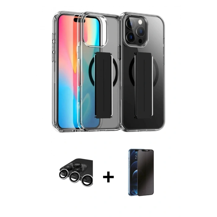 MARSİLYAN™- iPhone 15 Pro Max Kılıf Nova Işık Koleksiyonu - Siyah 3D Antistatik Hayalet Cam Ekran Koruyucu + Raze Metal Kamera Lens - GS