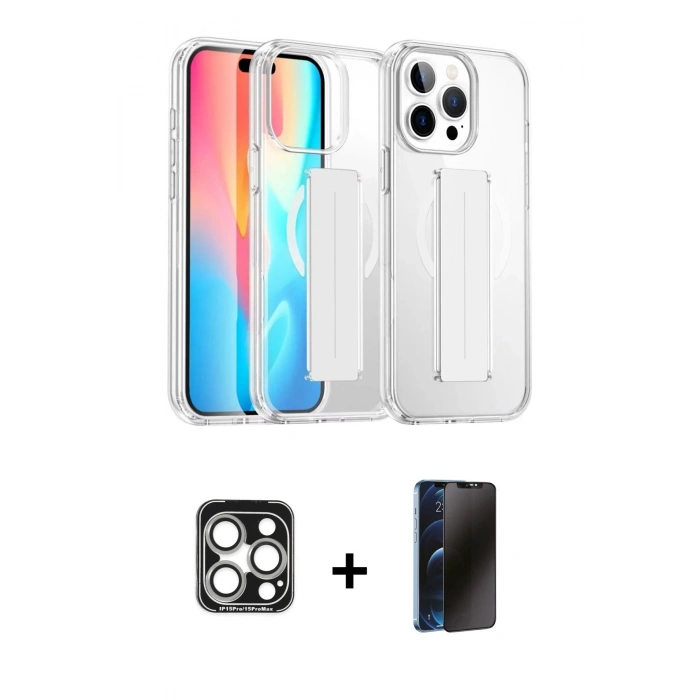 MARSİLYAN™- iPhone 15 Pro Max Kılıf Nova Işık Koleksiyonu - Siyah 3D Antistatik Hayalet Cam Ekran Koruyucu + Gümüş PVD Metal Kamera Lens