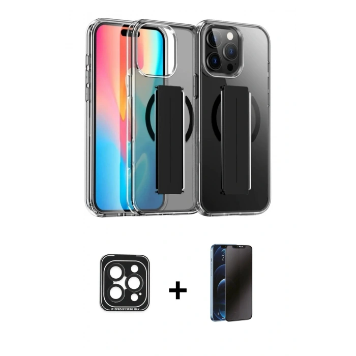 MARSİLYAN™- iPhone 15 Pro Max Kılıf Nova Işık Koleksiyonu - Siyah 3D Antistatik Hayalet Cam Ekran Koruyucu + PVD Metal Kamera Lens - SH