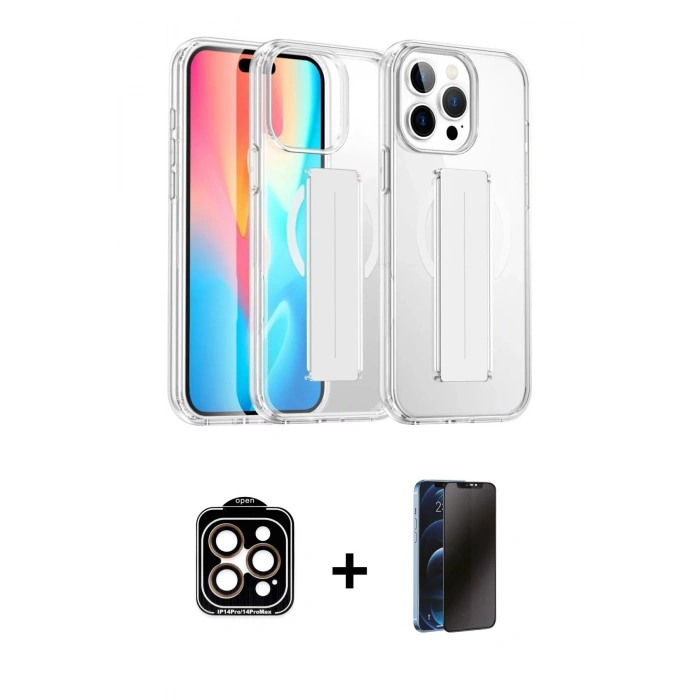 MARSİLYAN™- iPhone 15 Pro Max Kılıf Nova Işık Koleksiyonu - Siyah 3D Antistatik Hayalet Cam Ekran Koruyucu + PVD Metal Kamera Lens - TU