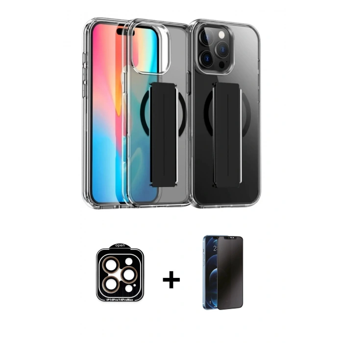 MARSİLYAN™- iPhone 15 Pro Max Kılıf Nova Işık Koleksiyonu - Siyah 3D Antistatik Hayalet Cam Ekran Koruyucu + PVD Metal Kamera Lens - TU