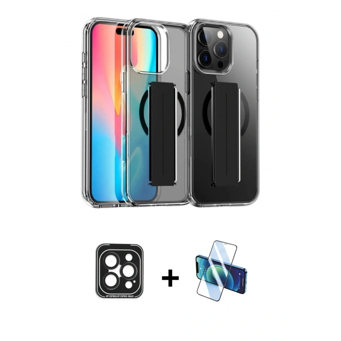 MARSİLYAN™- iPhone 15 Pro Max Kılıf Nova Işık Koleksiyonu - Siyah 3D Antistatik Seramik Nano Ekran Koruyucu + PVD Metal Kamera Lens - SH
