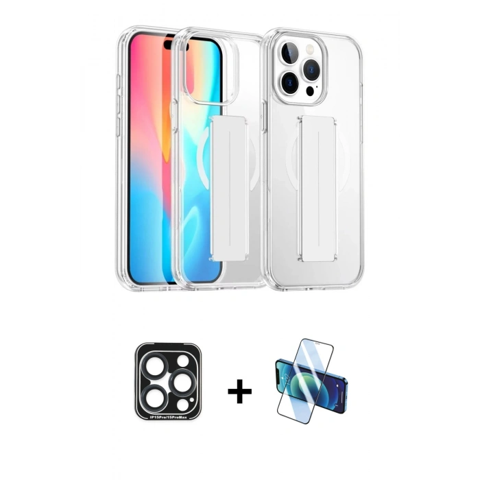MARSİLYAN™- iPhone 15 Pro Max Kılıf Nova Işık Koleksiyonu - Siyah 3D Antistatik Seramik Nano Ekran Koruyucu + Lacivert PVD Metal Kamera Lens