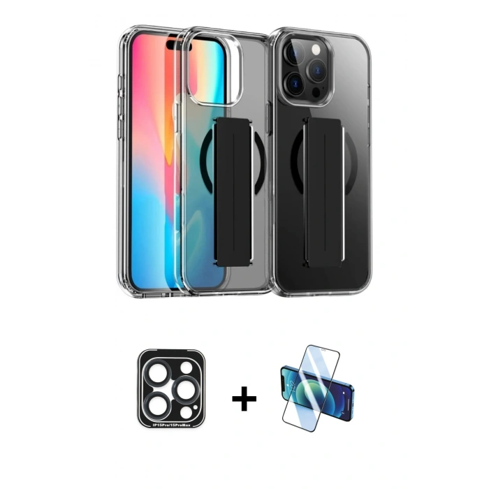 MARSİLYAN™- iPhone 15 Pro Max Kılıf Nova Işık Koleksiyonu - Siyah 3D Antistatik Seramik Nano Ekran Koruyucu + Lacivert PVD Metal Kamera Lens