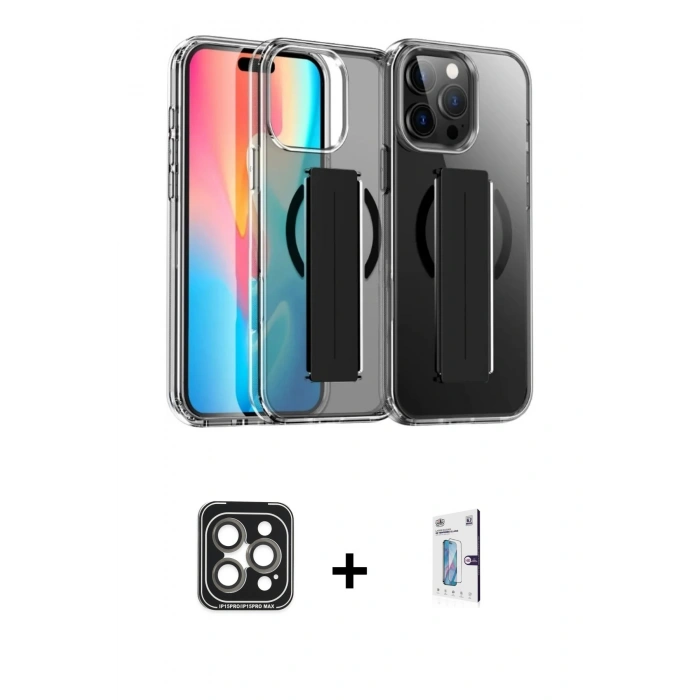 MARSİLYAN™- iPhone 15 Pro Max Kılıf Nova Işık Koleksiyonu - Siyah Bilvis 0.18mm Plus Cam Ekran Koruyucu + PVD Metal Kamera Lens - GI