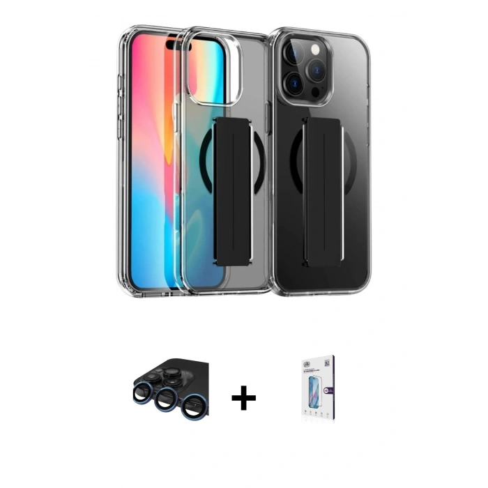 MARSİLYAN™- iPhone 15 Pro Max Kılıf Nova Işık Koleksiyonu - Siyah Bilvis 0.18mm Plus Cam Ekran Koruyucu + Lacivert Raze Metal Kamera Lens