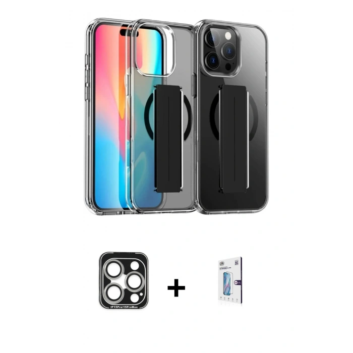 MARSİLYAN™- iPhone 15 Pro Max Kılıf Nova Işık Koleksiyonu - Siyah Bilvis 0.18mm Plus Cam Ekran Koruyucu + PVD Metal Kamera Lens - GS