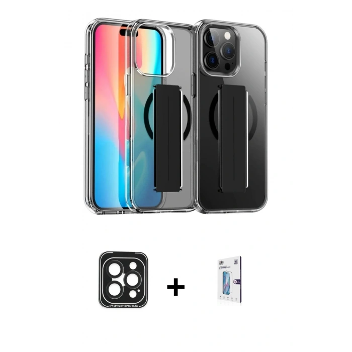 MARSİLYAN™- iPhone 15 Pro Max Kılıf Nova Işık Koleksiyonu - Siyah Bilvis 0.18mm Plus Cam Ekran Koruyucu + PVD Metal Kamera Lens - SH