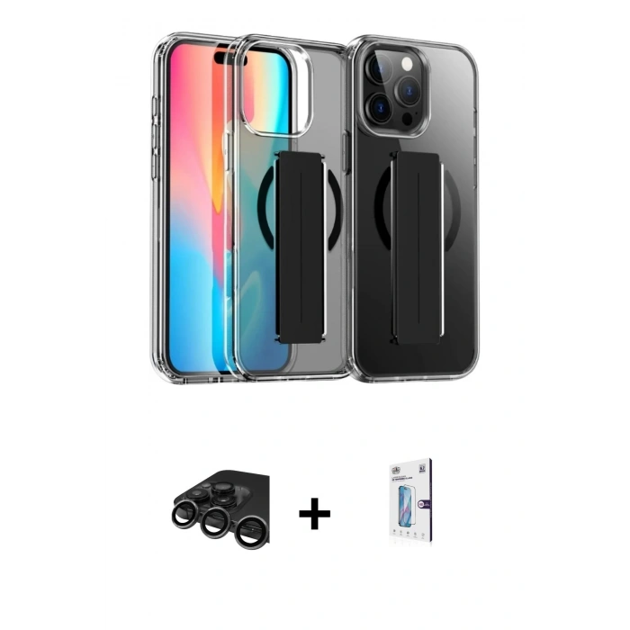 MARSİLYAN™- iPhone 15 Pro Max Kılıf Nova Işık Koleksiyonu - Siyah Bilvis 0.18mm Plus Cam Ekran Koruyucu + Raze Metal Kamera Lens - TMGI