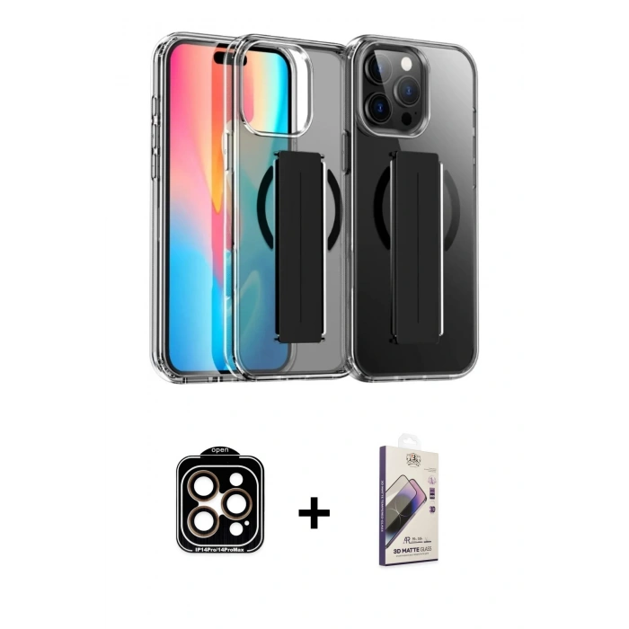 MARSİLYAN™- iPhone 15 Pro Max Kılıf Nova Işık Koleksiyonu - Siyah Bilvis 3D Mat Cam Ekran Koruyucu + PVD Metal Kamera Lens - TU
