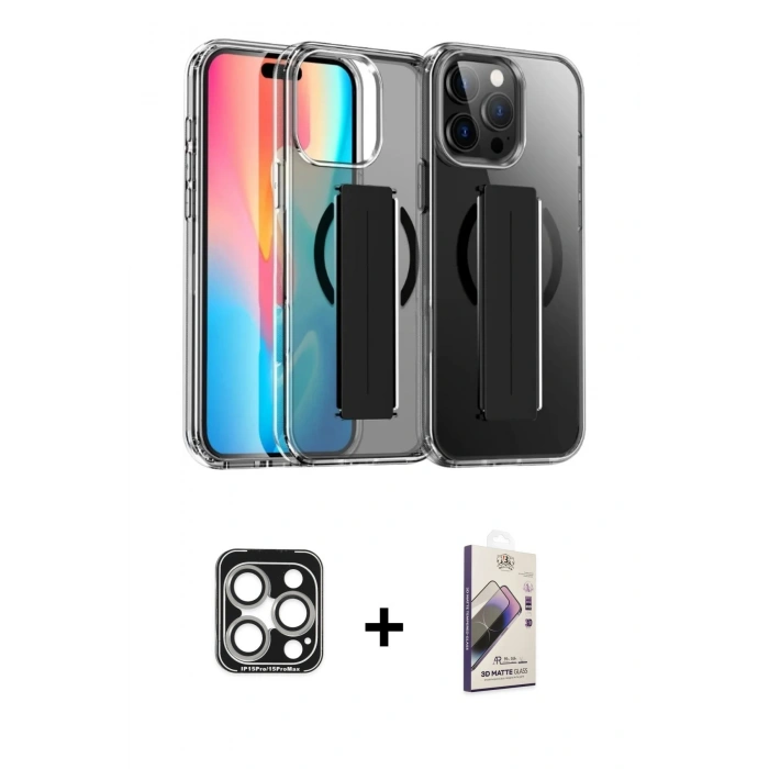 MARSİLYAN™- iPhone 15 Pro Max Kılıf Nova Işık Koleksiyonu - Siyah Bilvis 3D Mat Cam Ekran Koruyucu + PVD Metal Kamera Lens - GS