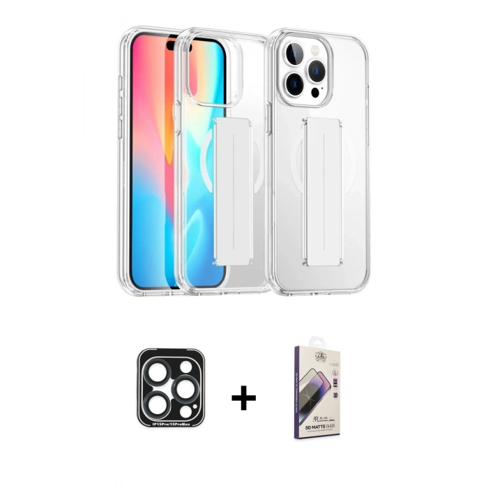 MARSİLYAN™- iPhone 15 Pro Max Kılıf Nova Işık Koleksiyonu - Siyah Bilvis 3D Mat Cam Ekran Koruyucu + PVD Metal Kamera Lens - LT