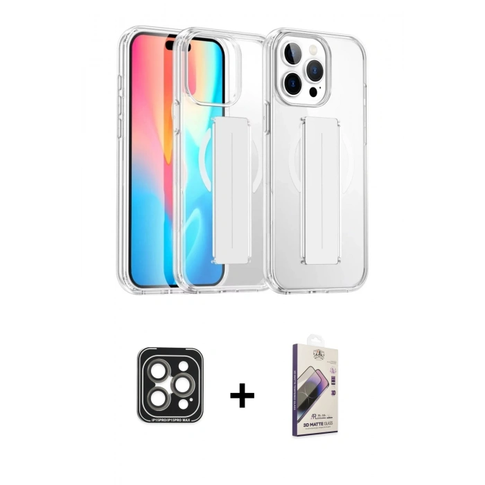MARSİLYAN™- iPhone 15 Pro Max Kılıf Nova Işık Koleksiyonu - Siyah Bilvis 3D Mat Cam Ekran Koruyucu + PVD Metal Kamera Lens - GI