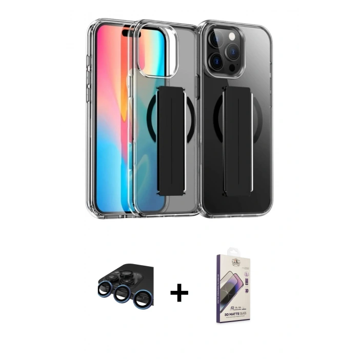 MARSİLYAN™- iPhone 15 Pro Max Kılıf Nova Işık Koleksiyonu - Siyah Bilvis 3D Mat Cam Ekran Koruyucu + Raze Metal Kamera Lens - LT