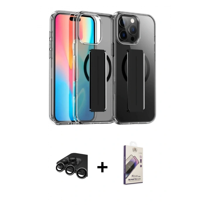 MARSİLYAN™- iPhone 15 Pro Max Kılıf Nova Işık Koleksiyonu - Siyah Bilvis 3D Mat Cam Ekran Koruyucu + Raze Metal Kamera Lens - TMGI