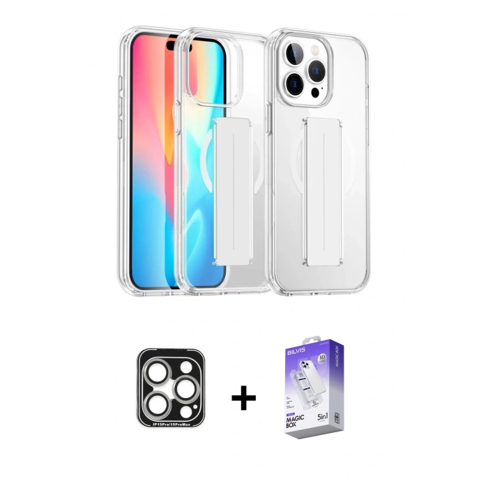 MARSİLYAN™- iPhone 15 Pro Max Kılıf Nova Işık Koleksiyonu - Siyah Bilvis 5in1 3D Magic Cam Ekran Koruyucu + PVD Metal Kamera Lens - GS