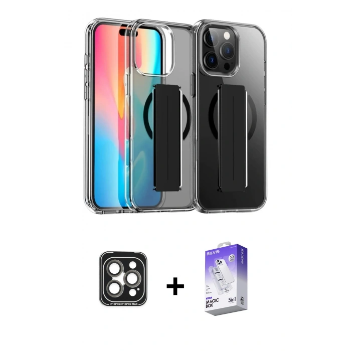 MARSİLYAN™- iPhone 15 Pro Max Kılıf Nova Işık Koleksiyonu - Siyah Bilvis 5in1 3D Magic Cam Ekran Koruyucu + PVD Metal Kamera Lens - GI