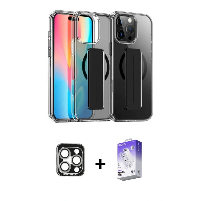 MARSİLYAN™- iPhone 15 Pro Max Kılıf Nova Işık Koleksiyonu - Siyah Bilvis 5in1 3D Magic Cam Ekran Koruyucu + PVD Metal Kamera Lens - GS