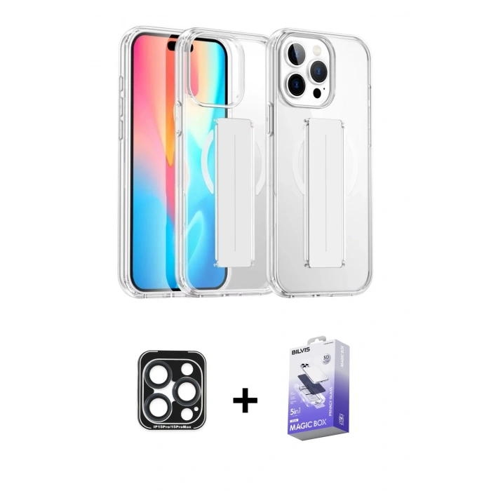 MARSİLYAN™- iPhone 15 Pro Max Kılıf Nova Işık Koleksiyonu - Siyah Bilvis 5in1 5D Magic Hayalet Cam Ekran Koruyucu + Lacivert PVD Metal Kamera Lens