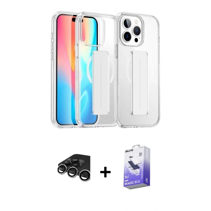 MARSİLYAN™- iPhone 15 Pro Max Kılıf Nova Işık Koleksiyonu - Siyah Bilvis 5in1 5D Magic Hayalet Cam Ekran Koruyucu + Raze Metal Kamera Lens - GS