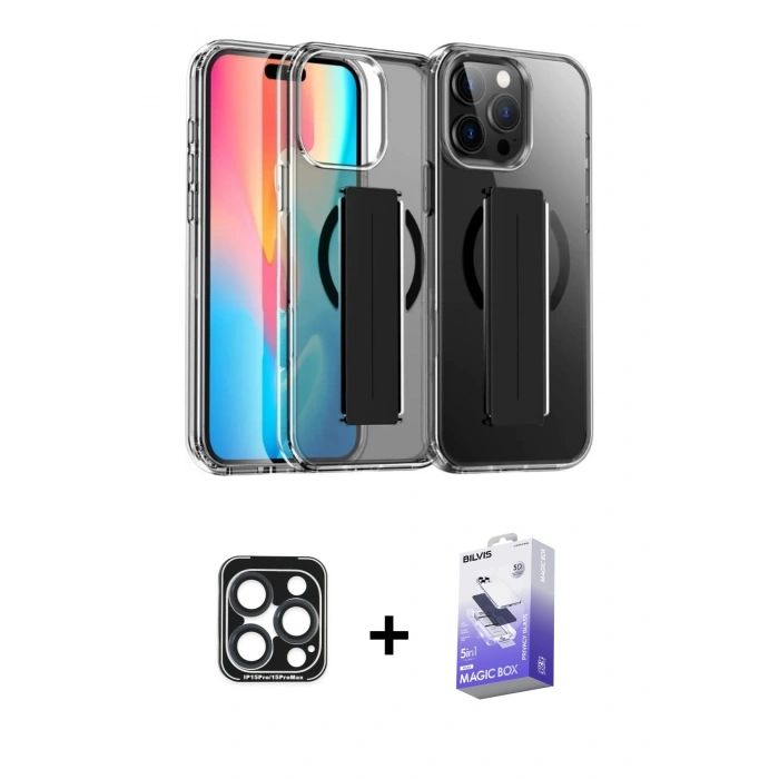 MARSİLYAN™- iPhone 15 Pro Max Kılıf Nova Işık Koleksiyonu - Siyah Bilvis 5in1 5D Magic Hayalet Cam Ekran Koruyucu + Lacivert PVD Metal Kamera Lens