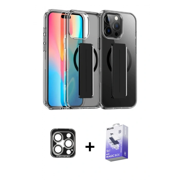 MARSİLYAN™- iPhone 15 Pro Max Kılıf Nova Işık Koleksiyonu - Siyah Bilvis 5in1 5D Magic Hayalet Cam Ekran Koruyucu + PVD Metal Kamera Lens - GS