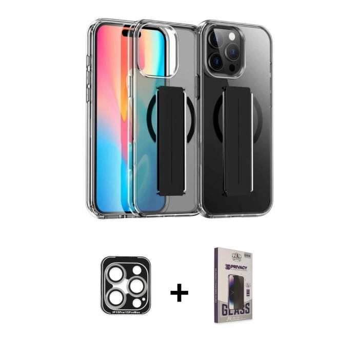 MARSİLYAN™- iPhone 15 Pro Max Kılıf Nova Işık Koleksiyonu - Siyah Bilvis Hayalet Cam Ekran Koruyucu + PVD Metal Kamera Lens - GS