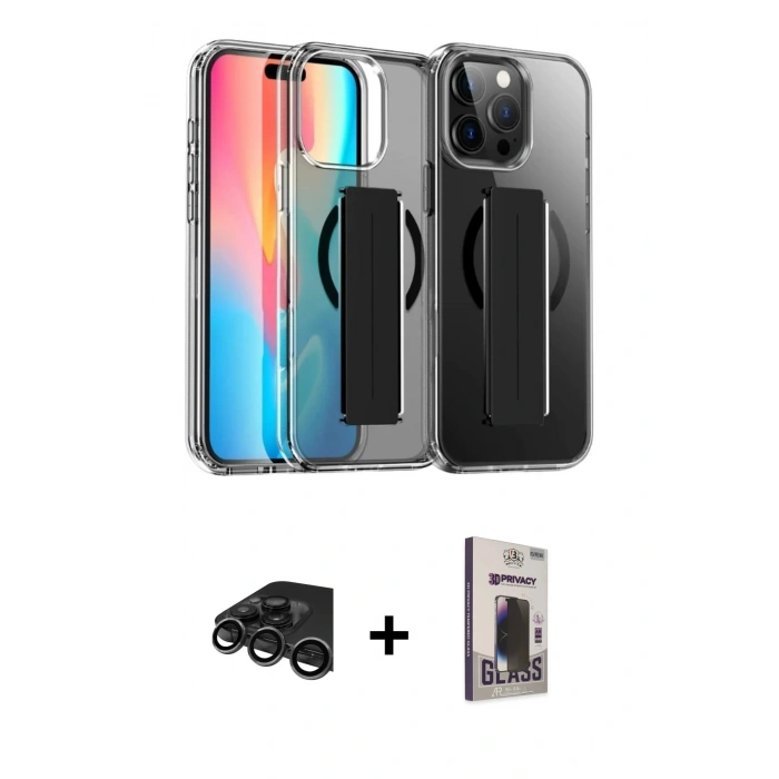 MARSİLYAN™- iPhone 15 Pro Max Kılıf Nova Işık Koleksiyonu - Siyah Bilvis Hayalet Cam Ekran Koruyucu + Raze Metal Kamera Lens - TMGI